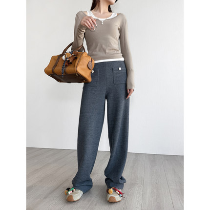 NancyCavally专柜款紧密梭织精纺羊毛 垂坠感慵懒随性针织直筒裤