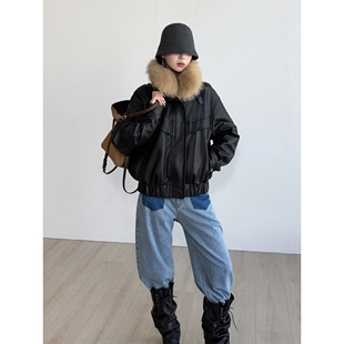 NancyCavally专柜款 狐狸毛领皮衣夹克羽绒服 贵奢大牌滑爽小牛皮