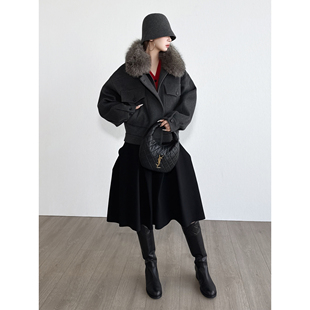 NancyCavally专柜款暖奢紧密羊绒羊毛 银狐毛领哈灵顿夹克呢外套