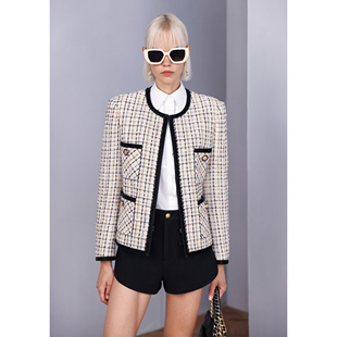 NancyCavally重磅高级幻彩纱 银丝晶珠花边皮包边格纹小香外套