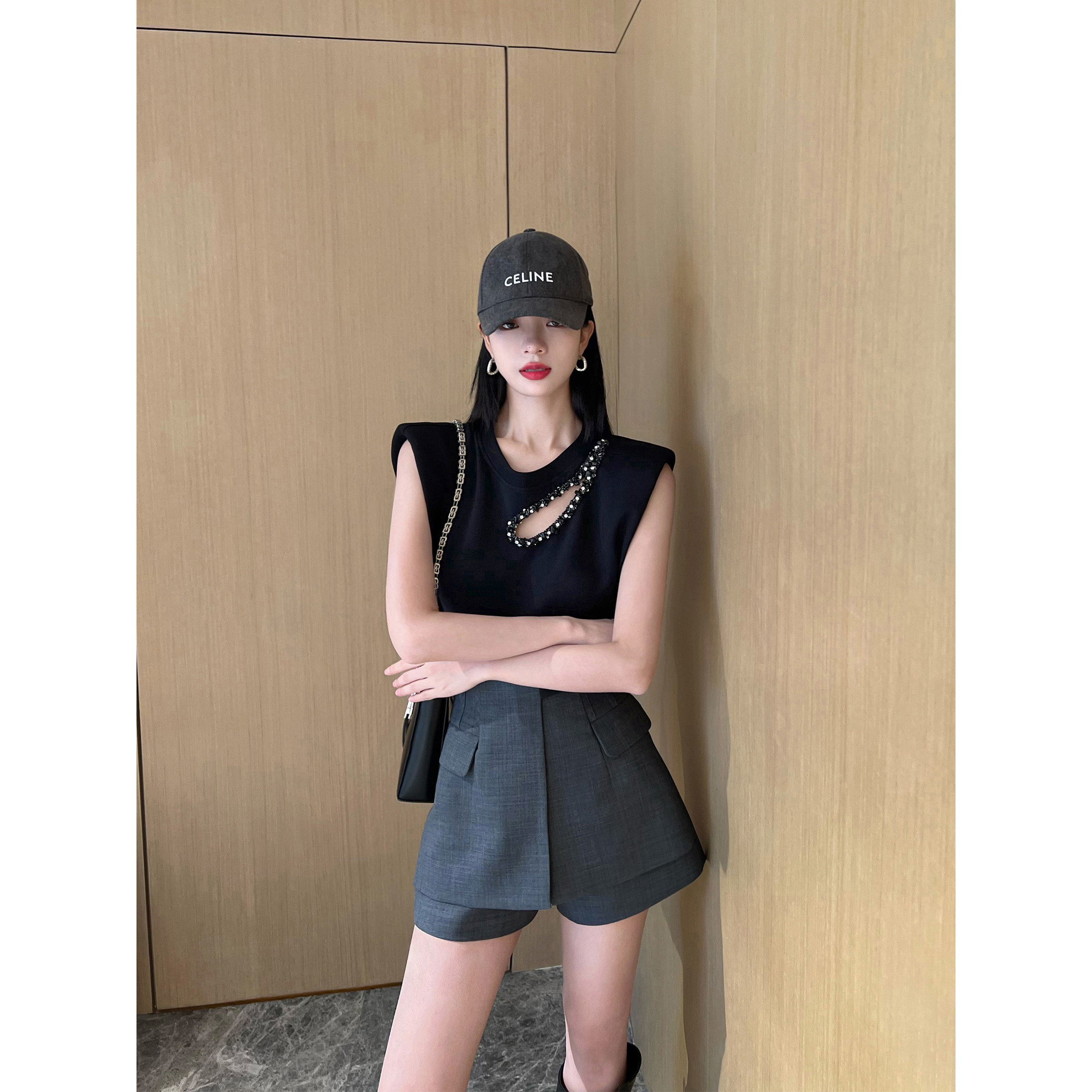 NancyCavally专柜款極奢桑蚕丝/莫代尔棉  水滴钻镶边镂空无袖T恤