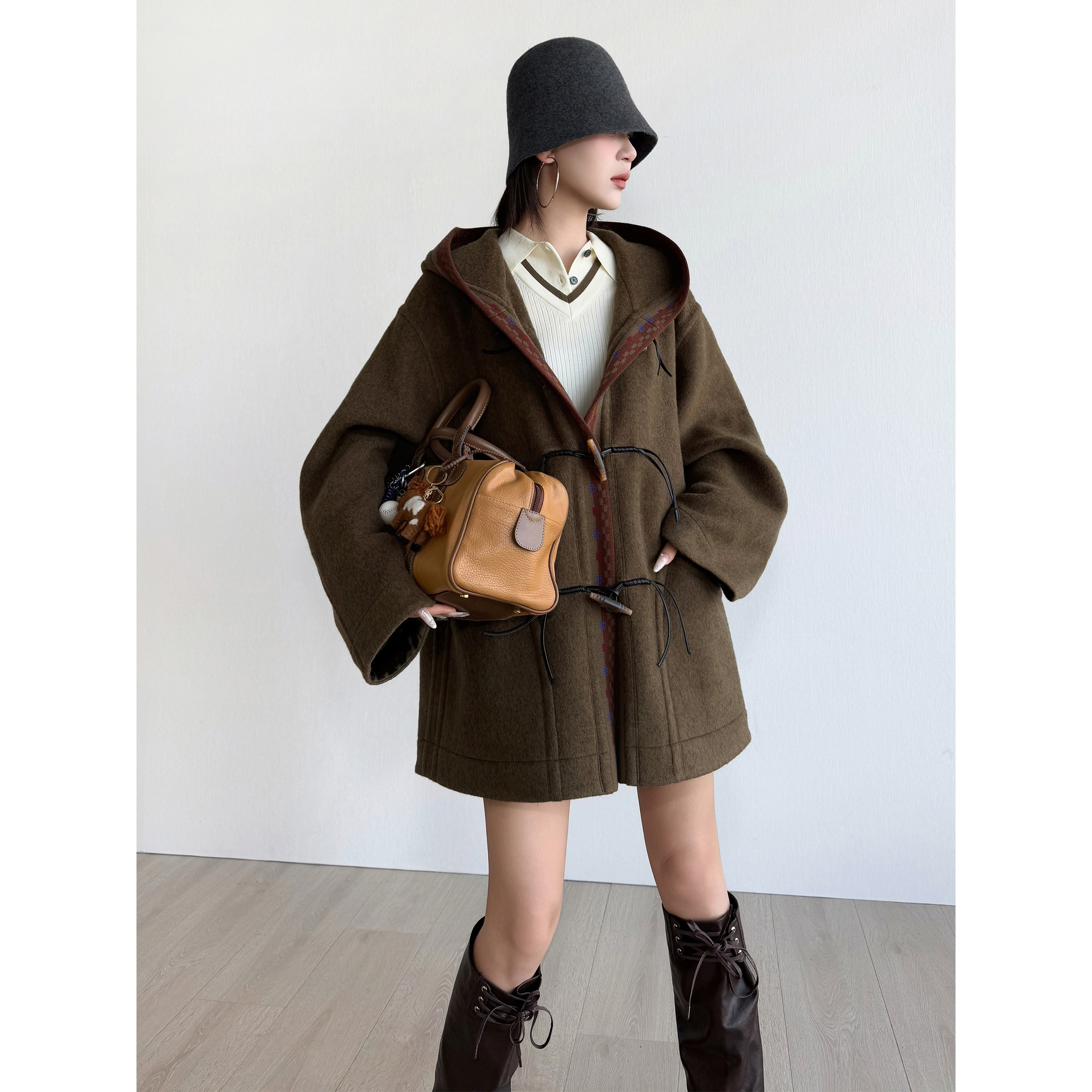 NancyCavally专柜款臻选超细羊毛/山羊绒 重工毛织提花双面呢大衣