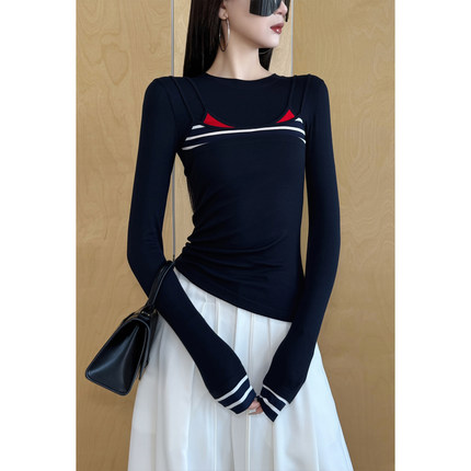 NancyCavally专柜款亲肤0压感天丝羊毛 航海miu风假两件针织打底