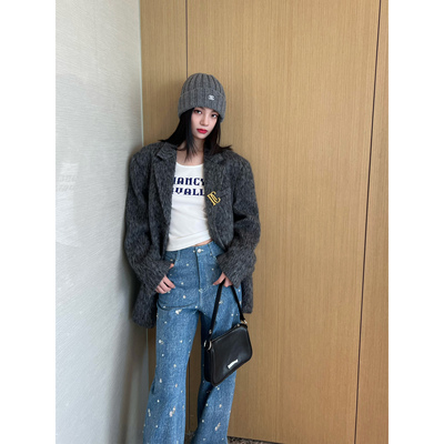 NancyCavally折线宽肩西装呢外套