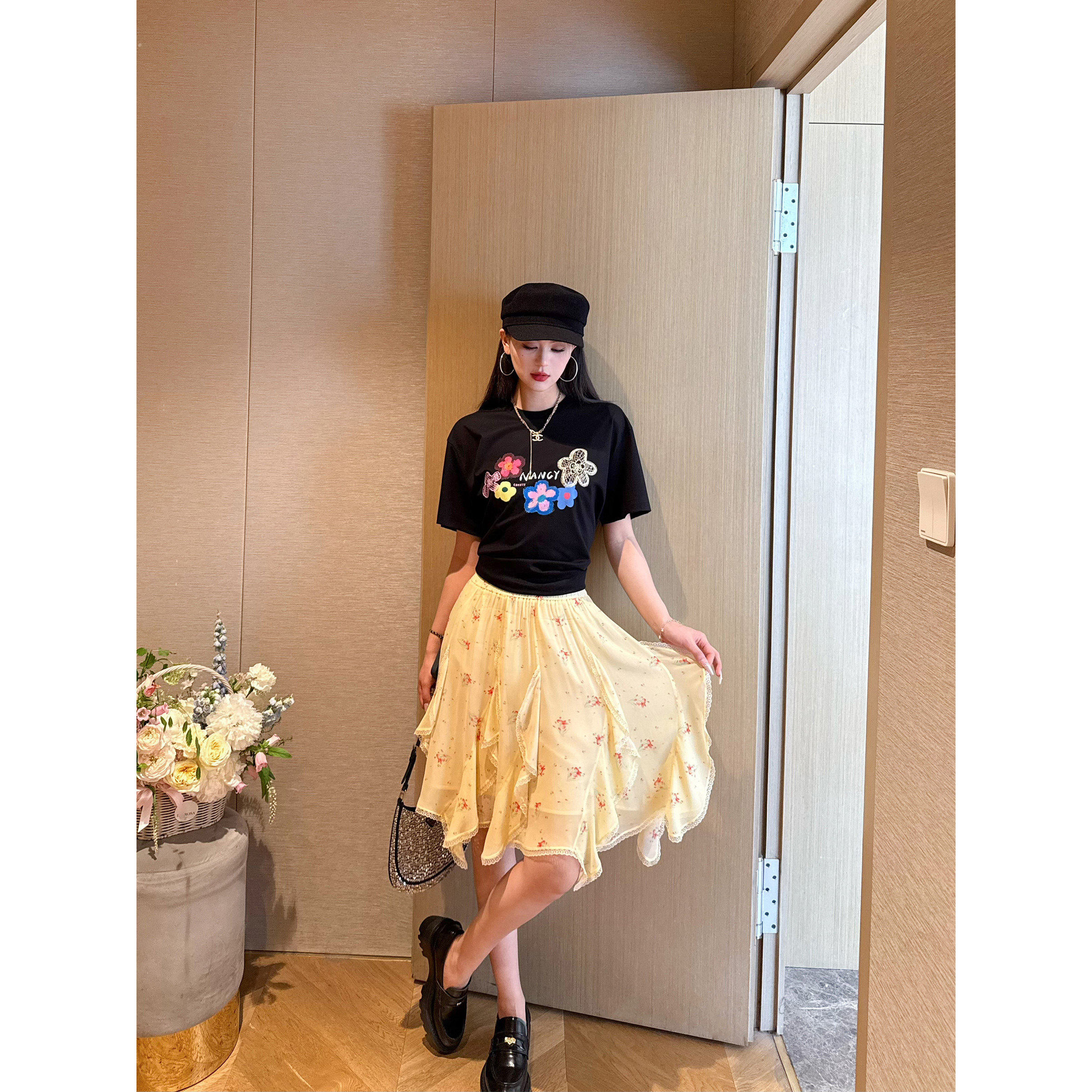 NancyCavally臻选抗皱易打理人丝  灵动飘逸荷叶边A摆鸢尾花半裙