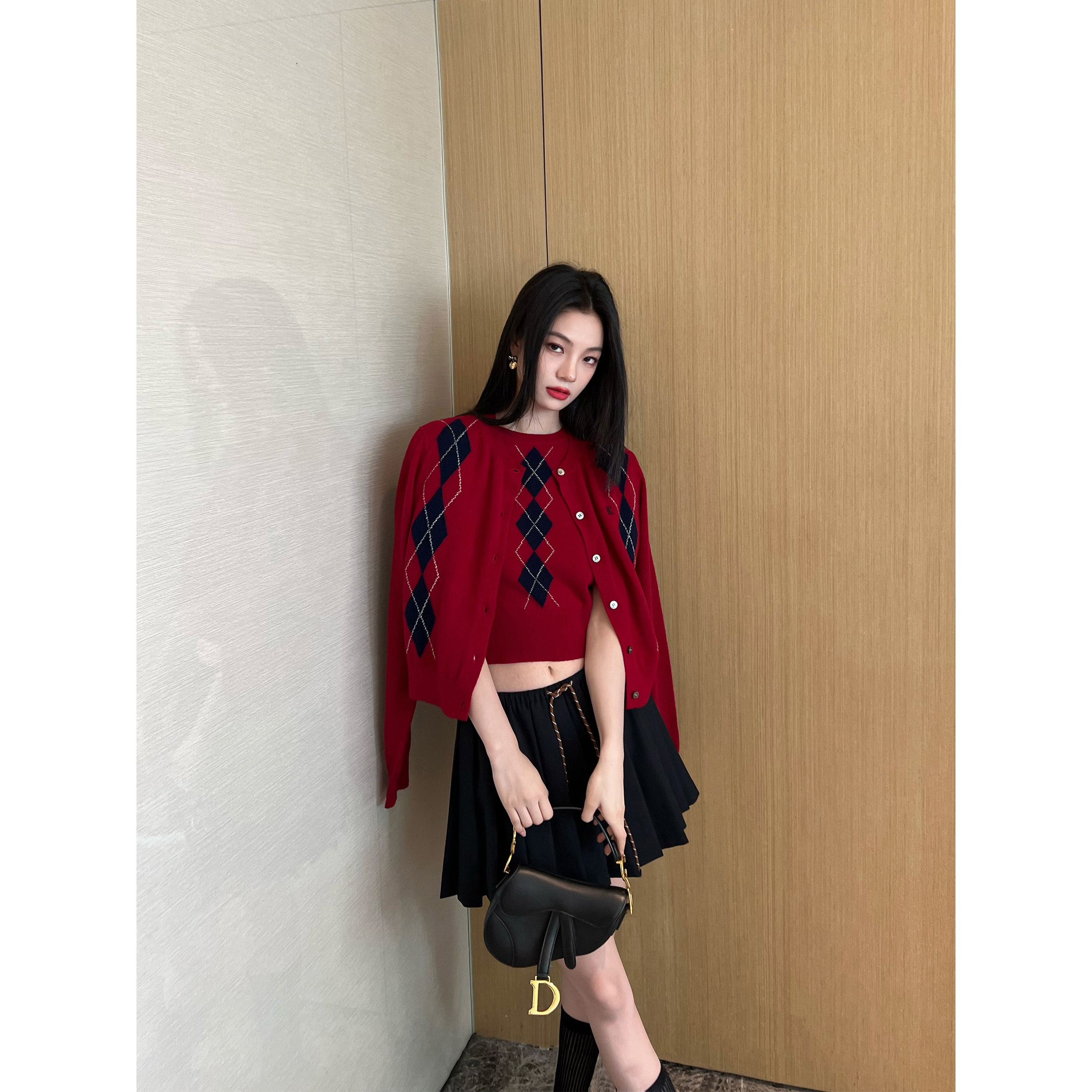 NancyCavally专柜款高品质羊毛博主风 撞色菱格针织短袖/开衫套装