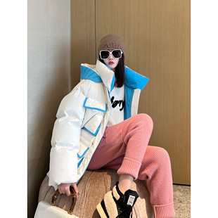 NancyCavally蓬松保暖95白鹅绒 400G充绒量撞色拼接连帽羽绒服