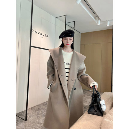 NancyCavally重工系列 浮雕双面羊绒  结构线条感连帽双排扣大衣