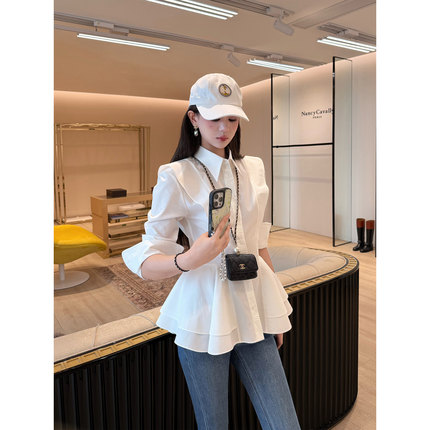 NancyCavally专柜款甄选云柔亲肤棉 时髦造型感荷叶花边收腰衬衫