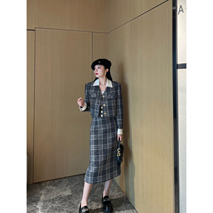 NancyCavally专柜款柔软色织羊毛 时髦精格纹外套/马甲/半裙套装