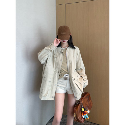 NancyCavally专柜款挺括肌理棉/锦纶 巴恩风撞色翻领中长款风衣