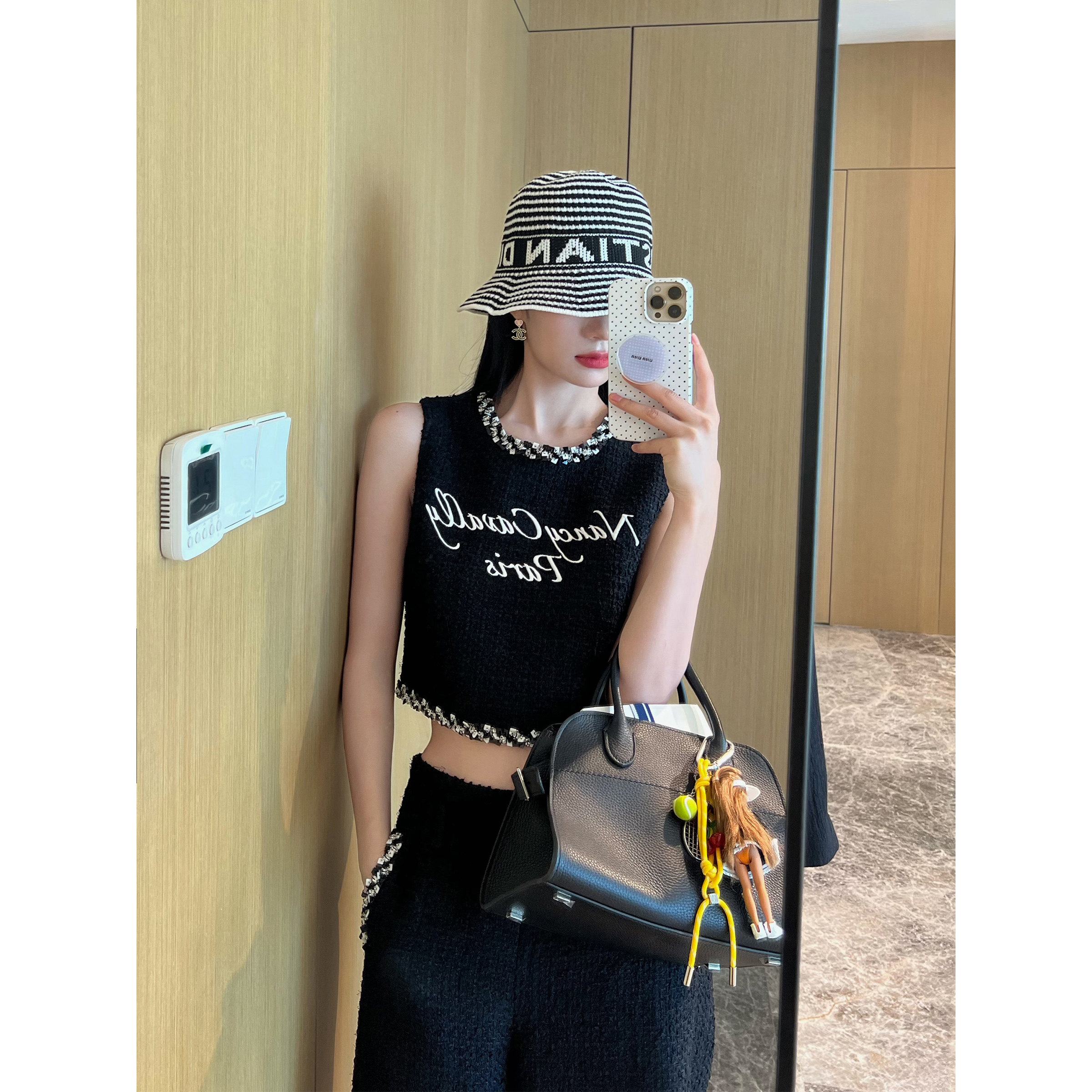 NancyCavally专柜款羊毛混纺粗花呢 精致花边背心/七分阔腿裤套装