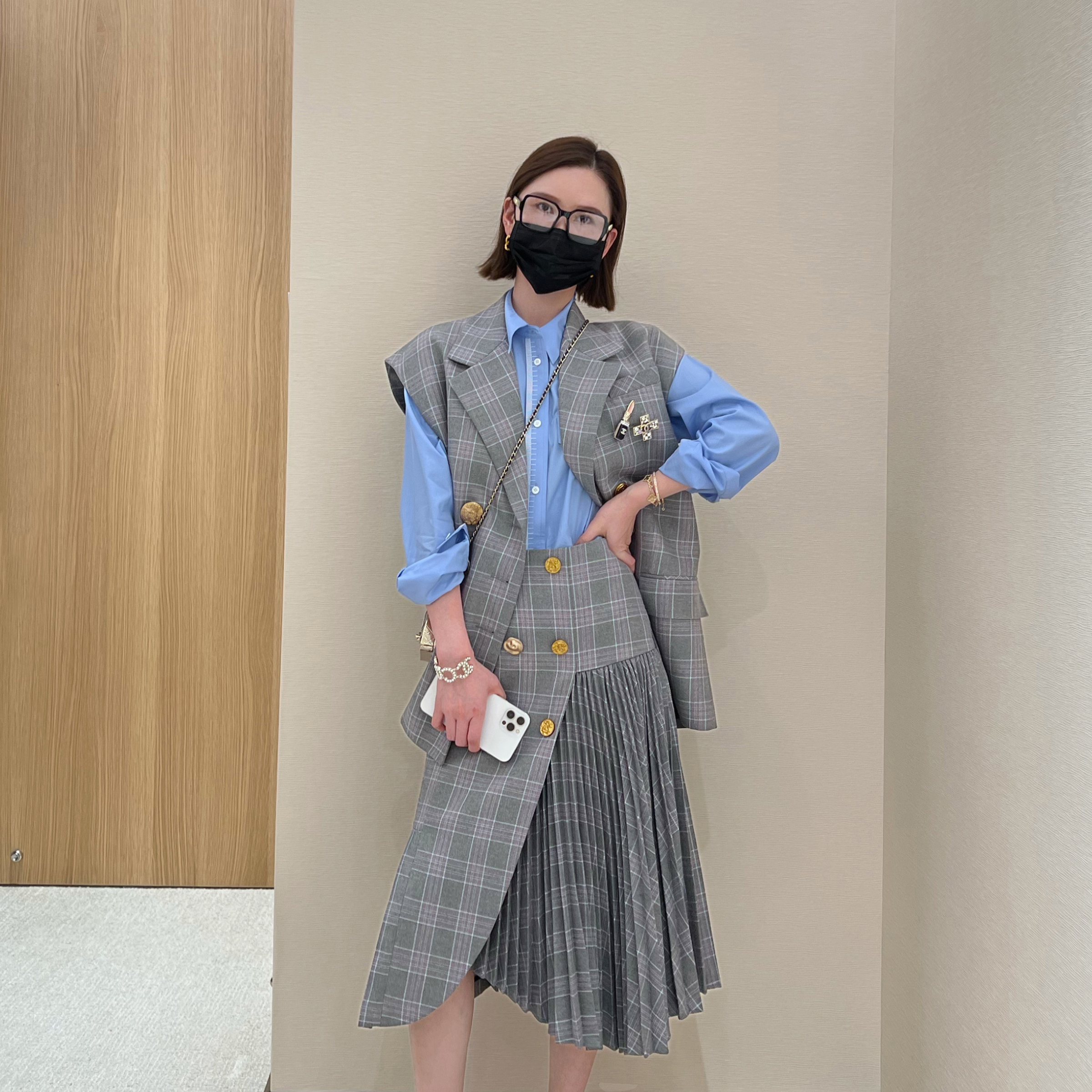 NancyCavally学院风毛呢马甲套装