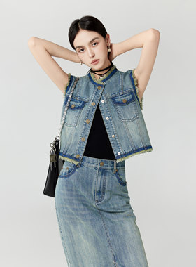 NancyCavally毛边牛仔马甲套装