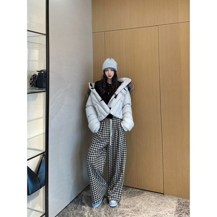 NancyCavally专柜款软糯细腻法兰绒 松弛慵懒感松紧腰格纹阔腿裤