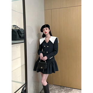 NancyCavally气质名媛 银丝微闪撞色蕾丝翻领收腰立裁小香连衣裙