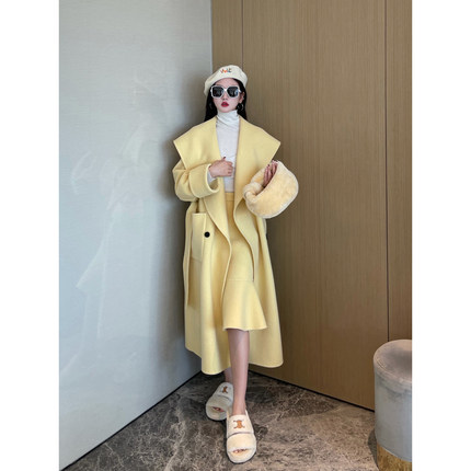 NancyCavally进口苏力高密羊毛  極简大翻领羊驼毛双面呢长款大衣