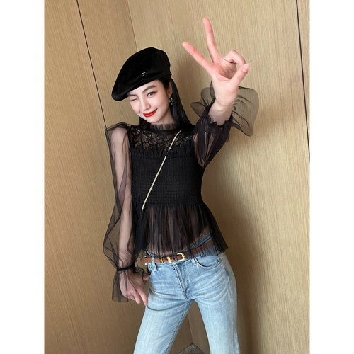 NancyCavally柔韧雾纱蕾丝上衣