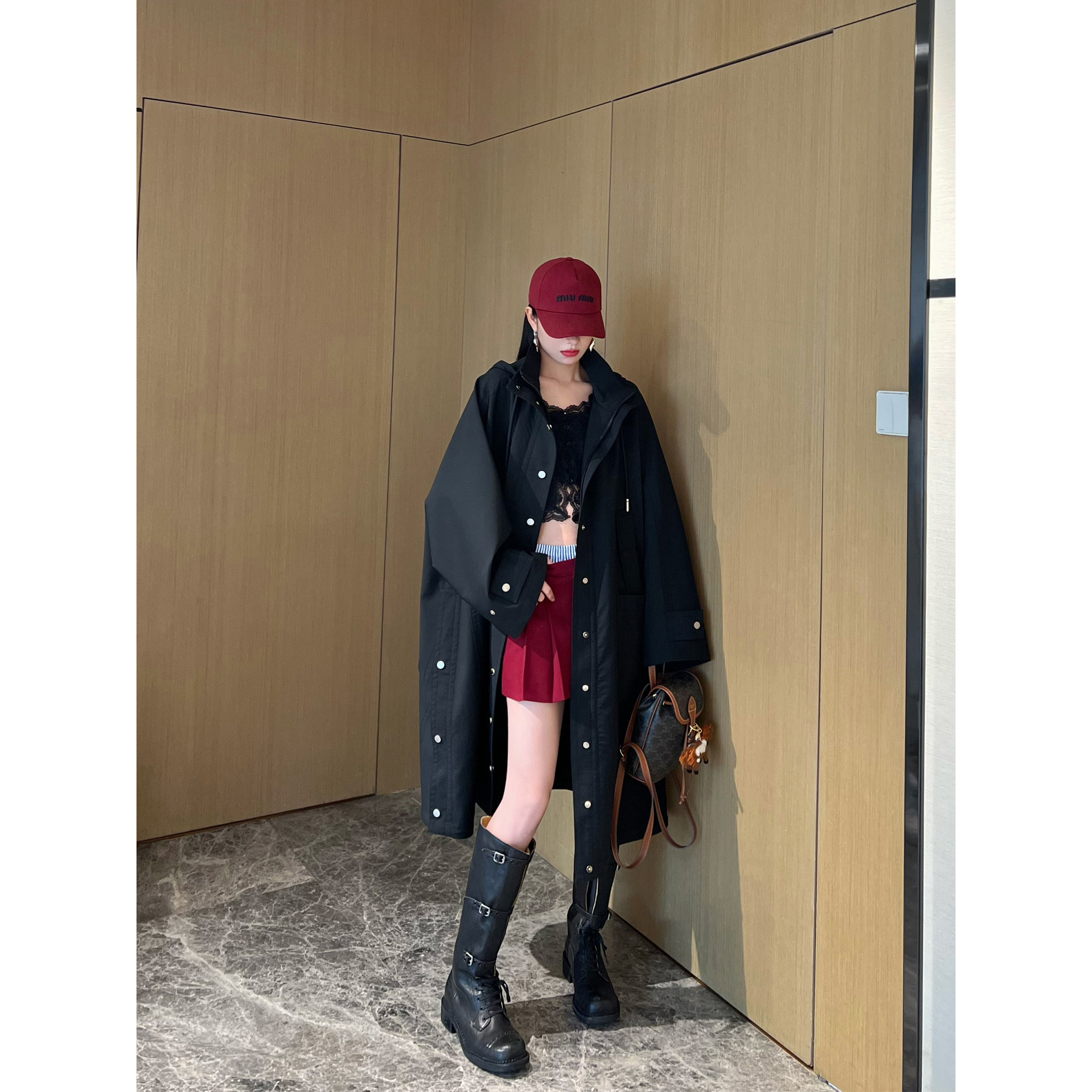 NancyCavally专柜款高端细格纹肌理精纺羊毛解构运动风廓形风衣