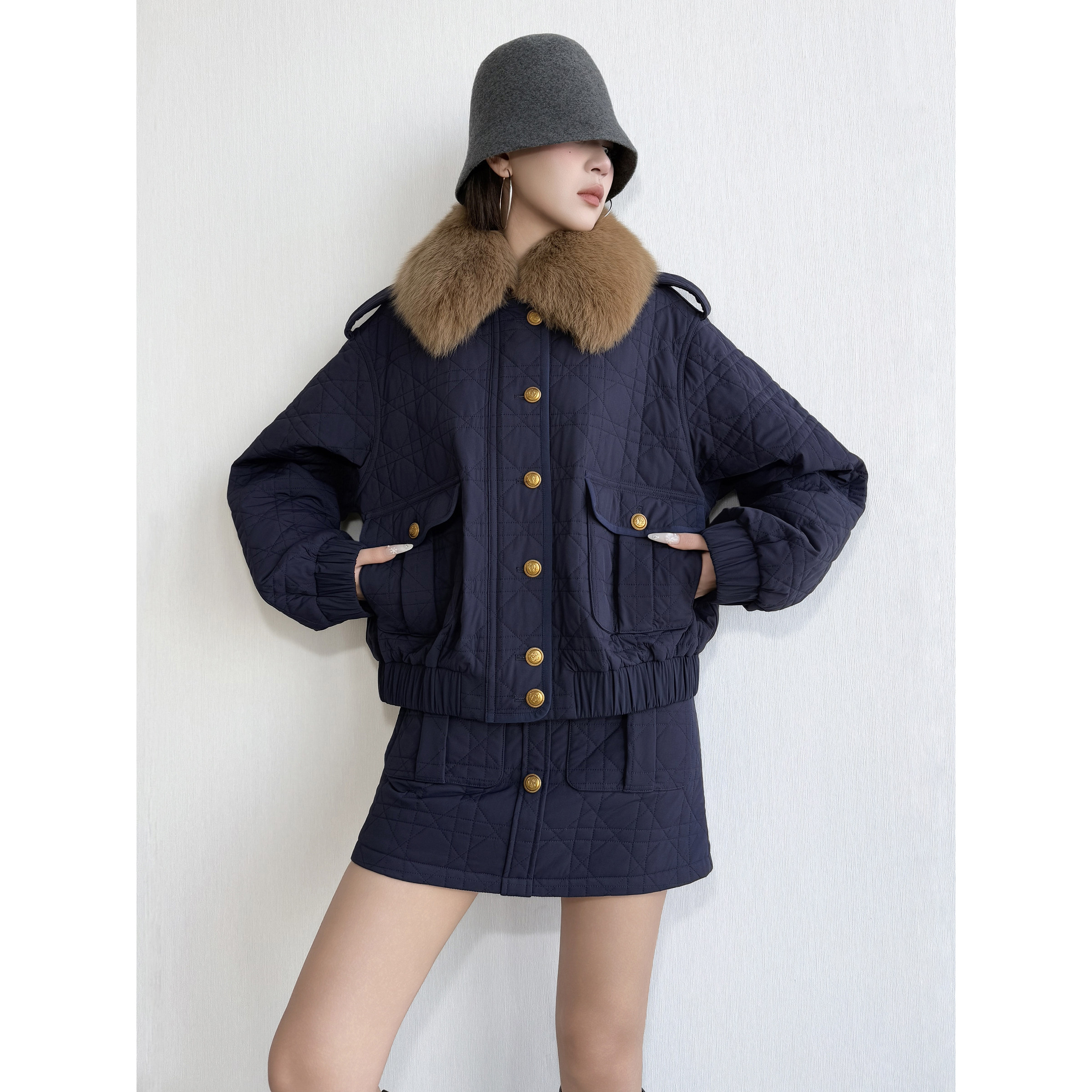 NancyCavally专柜款轻薄Lady格纹绗缝夹棉工装狐狸毛领外套/半裙,女装/女士精品,时尚套装,淘宝优惠券,粉丝福利购,淘宝优惠卷