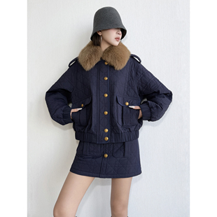 NancyCavally专柜款轻薄Lady格纹绗缝夹棉工装狐狸毛领外套/半裙