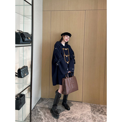 NancyCavally 90支美丽诺澳毛 两穿袖袢牛角扣中长廓形双面呢大衣