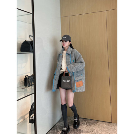 NancyCavally高端羊驼毛/羊毛 艺术感蓝边撞色加厚圈圈毛呢外套