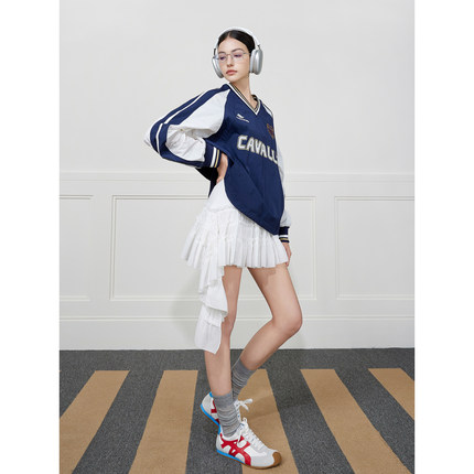 NancyCavally专柜款横条褶皱肌理荃棉 芭蕾风不规则波浪花边短裙