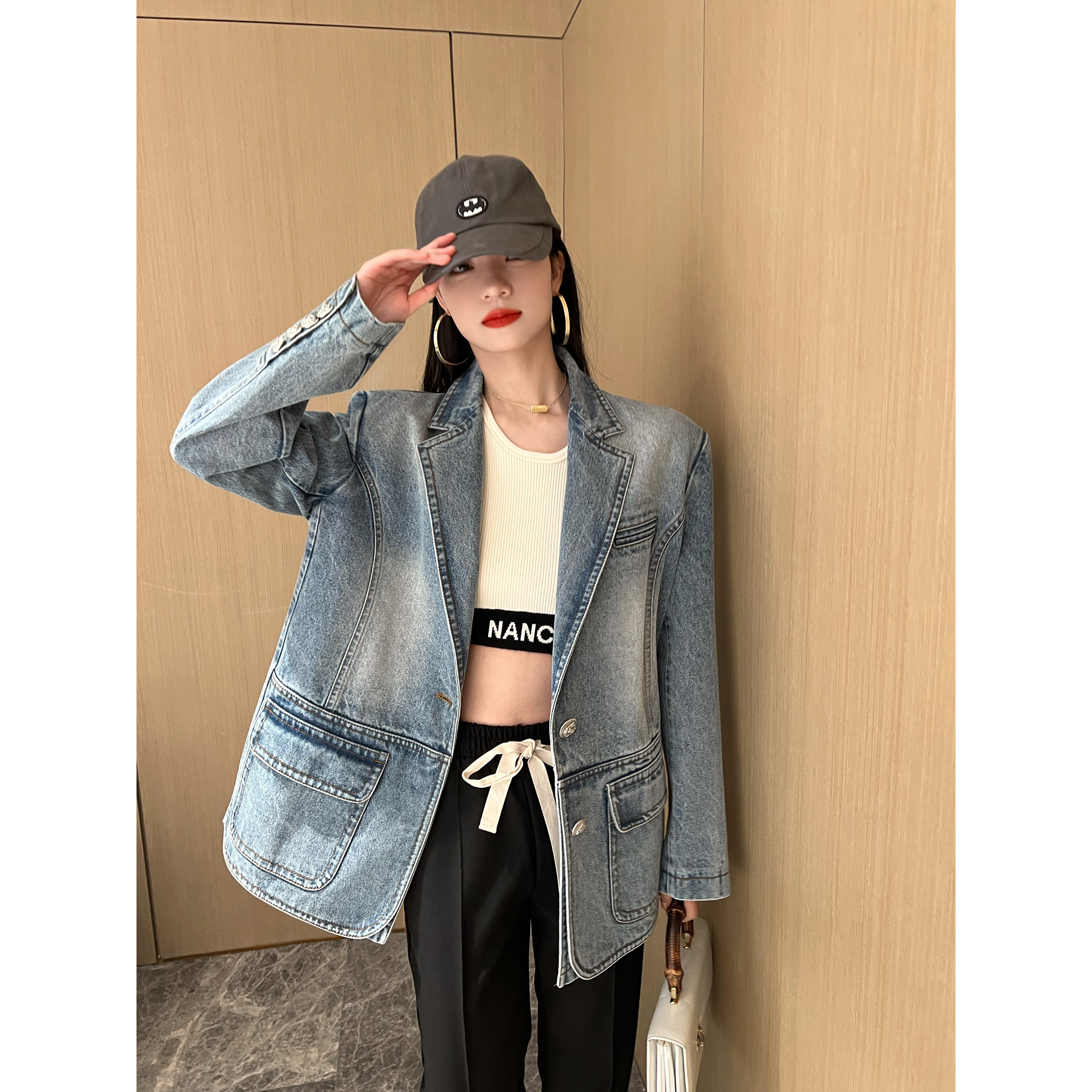 NancyCavally双层廓形牛仔西装