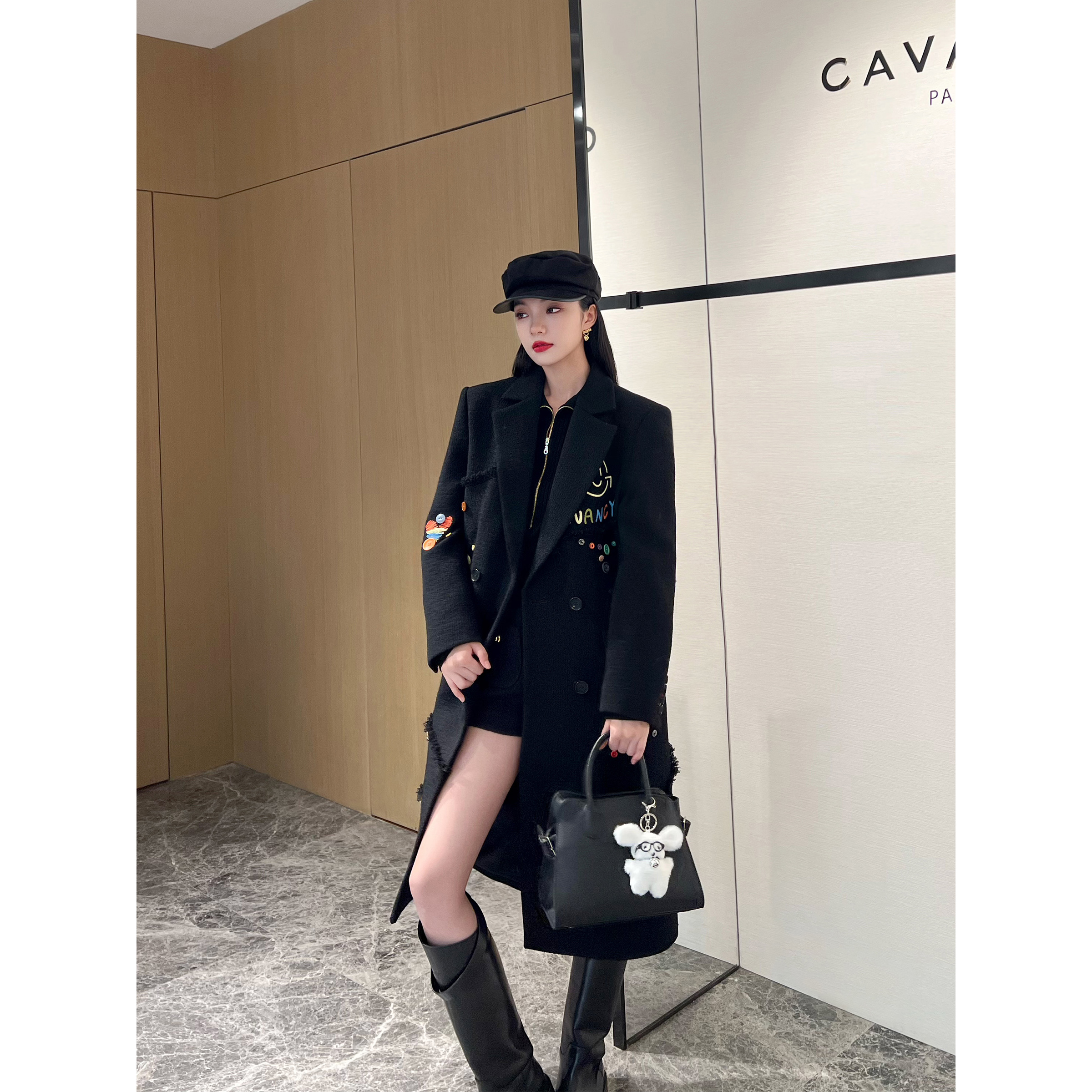 NancyCavally Y*L同源羊毛粗纺呢  幻彩纽扣趣味蘑菇刺绣毛呢大衣