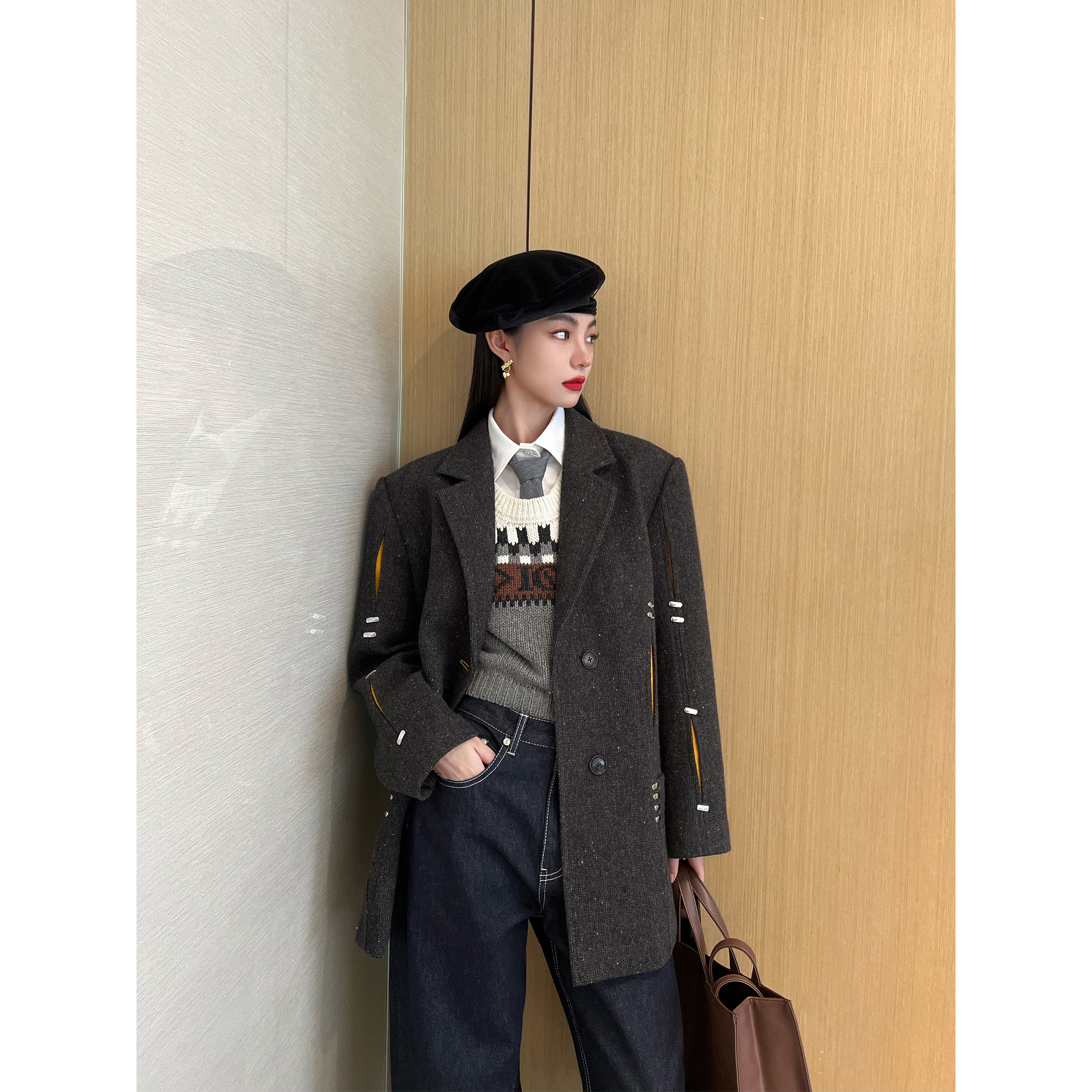 NancyCavally重工破缝西装呢大衣