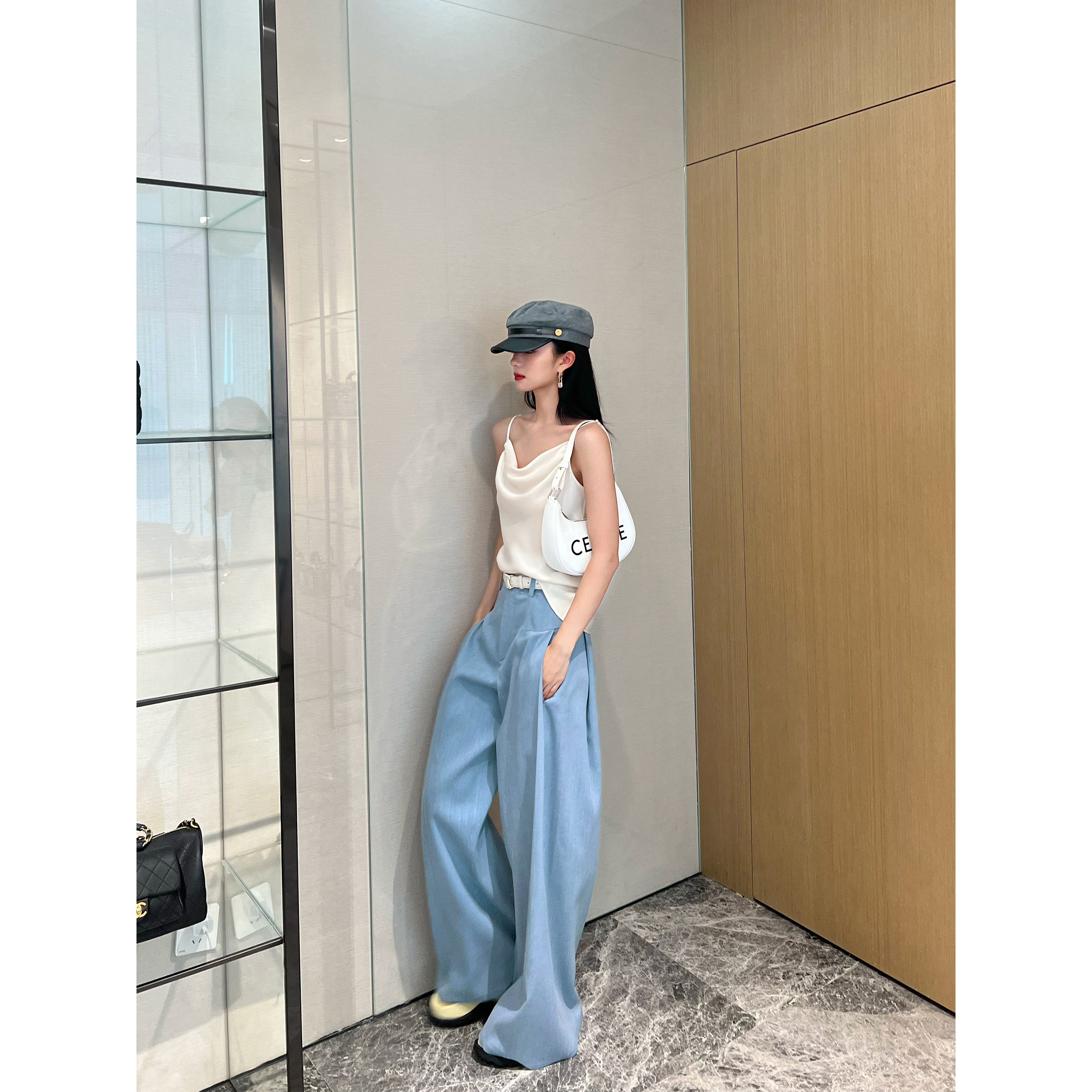 NancyCavally秒变2米腿精 韩国进口面料 解构侧褶分割拖地阔腿裤