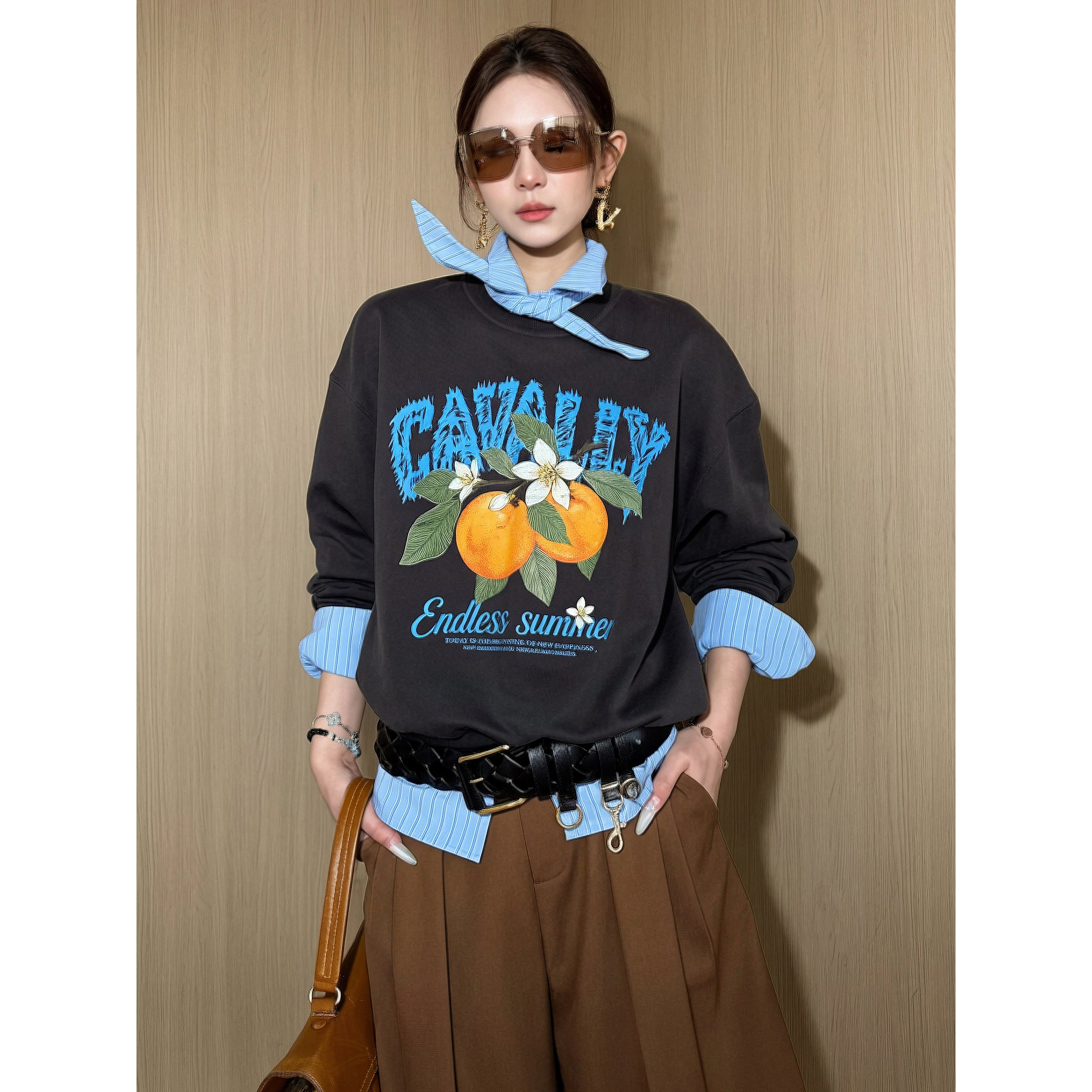 NancyCavally专柜款高品质新疆长绒棉 美式复古柑橘花卉印花卫衣