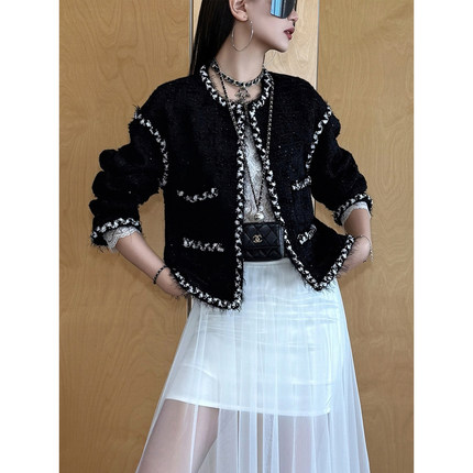 NancyCavally专柜獨特不规则镂空羊毛 优雅流苏织带镶边小香外套