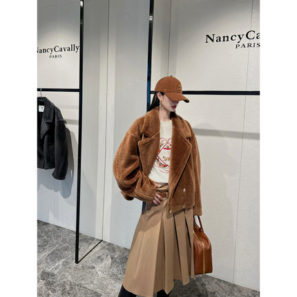 NancyCavally专柜款暖奢高密纯羊毛 厚绒Teddy皮草毛呢大翻领外套