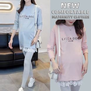 大码 长袖 T恤上衣时尚 孕妇套装 孕妇装 春秋季 减龄中长款 2025新款