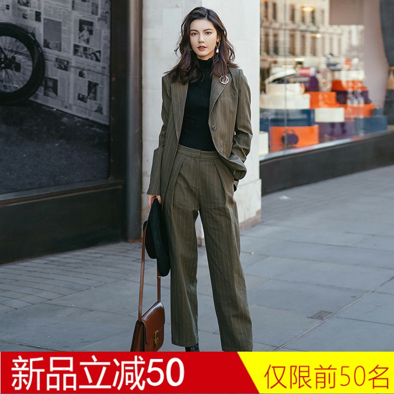 VIMI 简约干练竖条纹休闲西装套装单排扣休闲小西装高腰西裤女