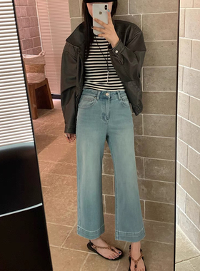 GM6625牛仔裤女2026新款高腰阔腿裤浅色九分奶奶裤小个子直筒裤子