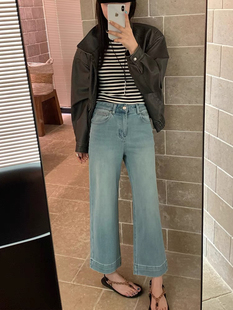 GM6625牛仔裤女2026新款高腰阔腿裤浅色九分奶奶裤小个子直筒裤子