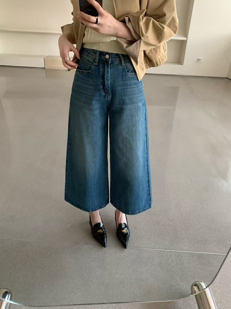 卡蔓诗Enxi2957正品阔腿牛仔裤女2026春季新款高腰显瘦直筒八分裤