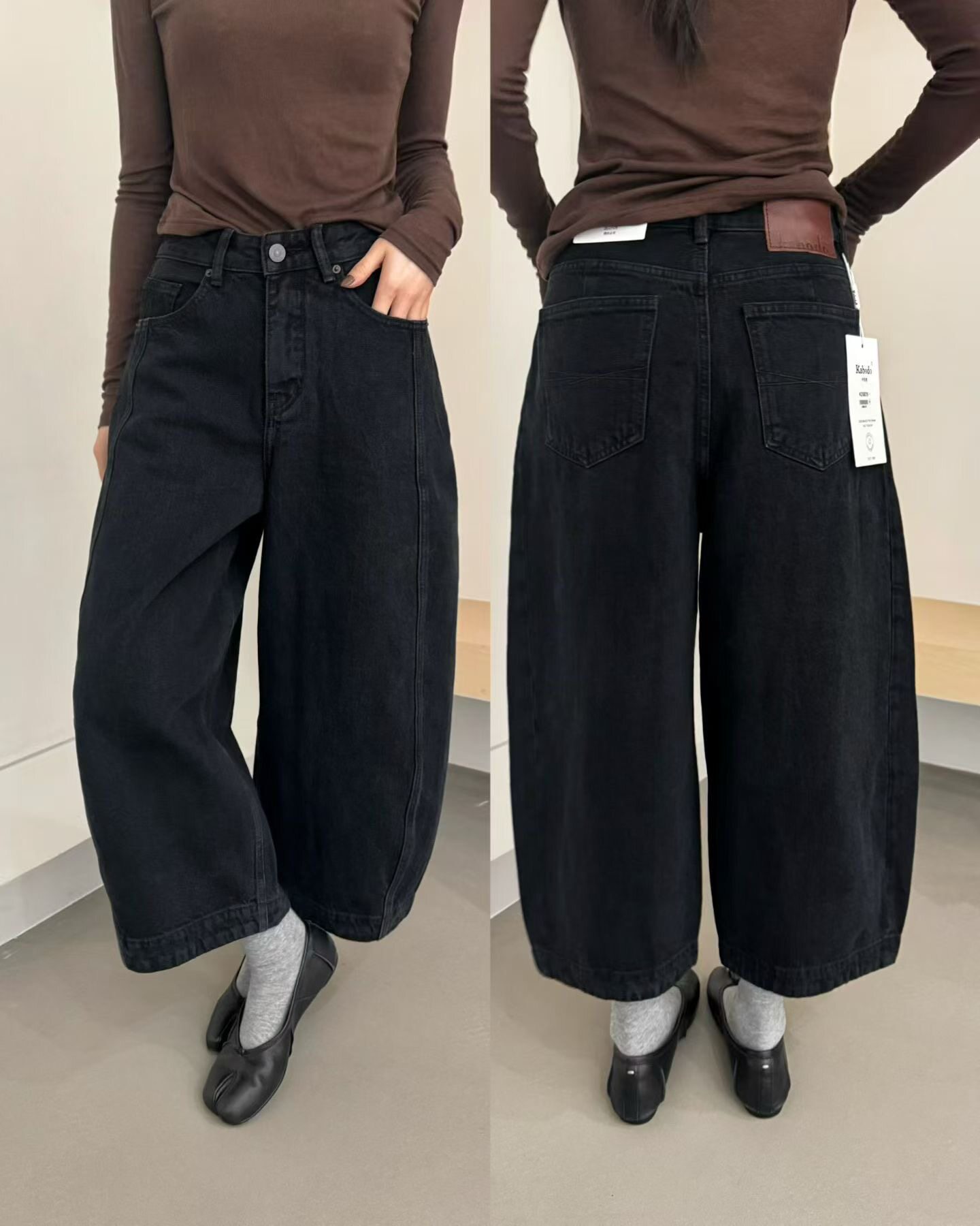 巴布25026阔腿牛仔裤女2026冬季黑色高腰宽松加绒加厚九分气球裤