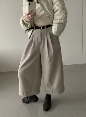 蒽茜Enxi20588-1正品加绒灯芯绒阔腿裤女冬季高腰显瘦直筒休闲裤