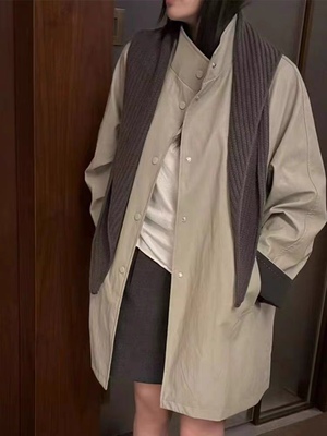 xiaoman2575针织披肩立领PU皮衣外套女春季韩系宽松中长款皮风衣