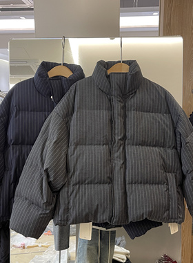 卡蔓诗6850正品立领竖条纹羽绒服女冬季韩版宽松小个子白鸭绒外套