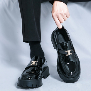 一脚蹬懒人黑色男鞋 乐福鞋 男潮厚底增高英伦风高级感亮面休闲皮鞋