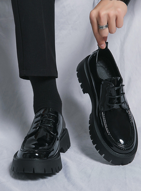 亮面小皮鞋男士英伦潮流休闲内增高6CM黑色圆头厚底增高10CM男鞋