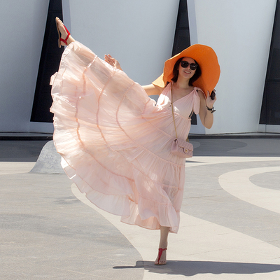 七夕全棉浪漫粉色度假超大摆长裙