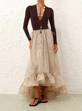 FIU购仙气御姐时尚大摆重工半身裙 卡其大地色小众设计荷叶边长裙