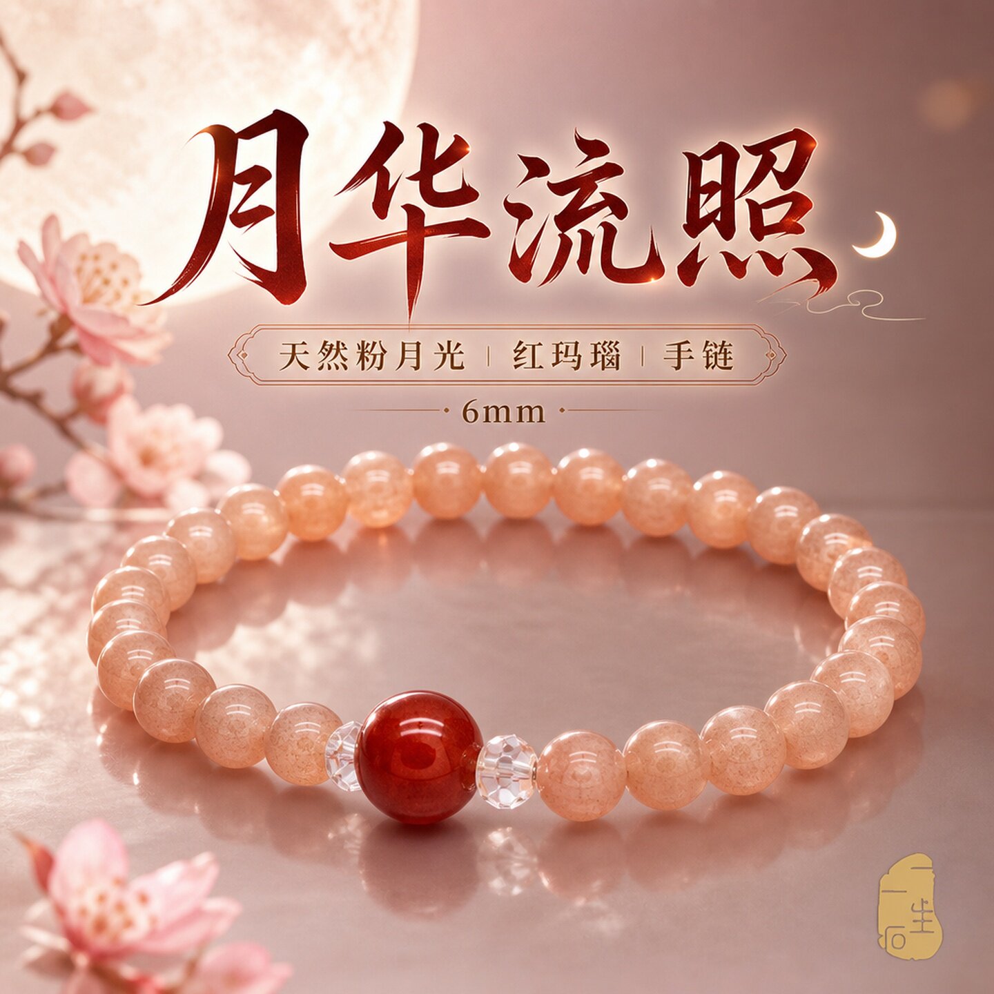 天然粉月光红玛瑙6mm转运手链