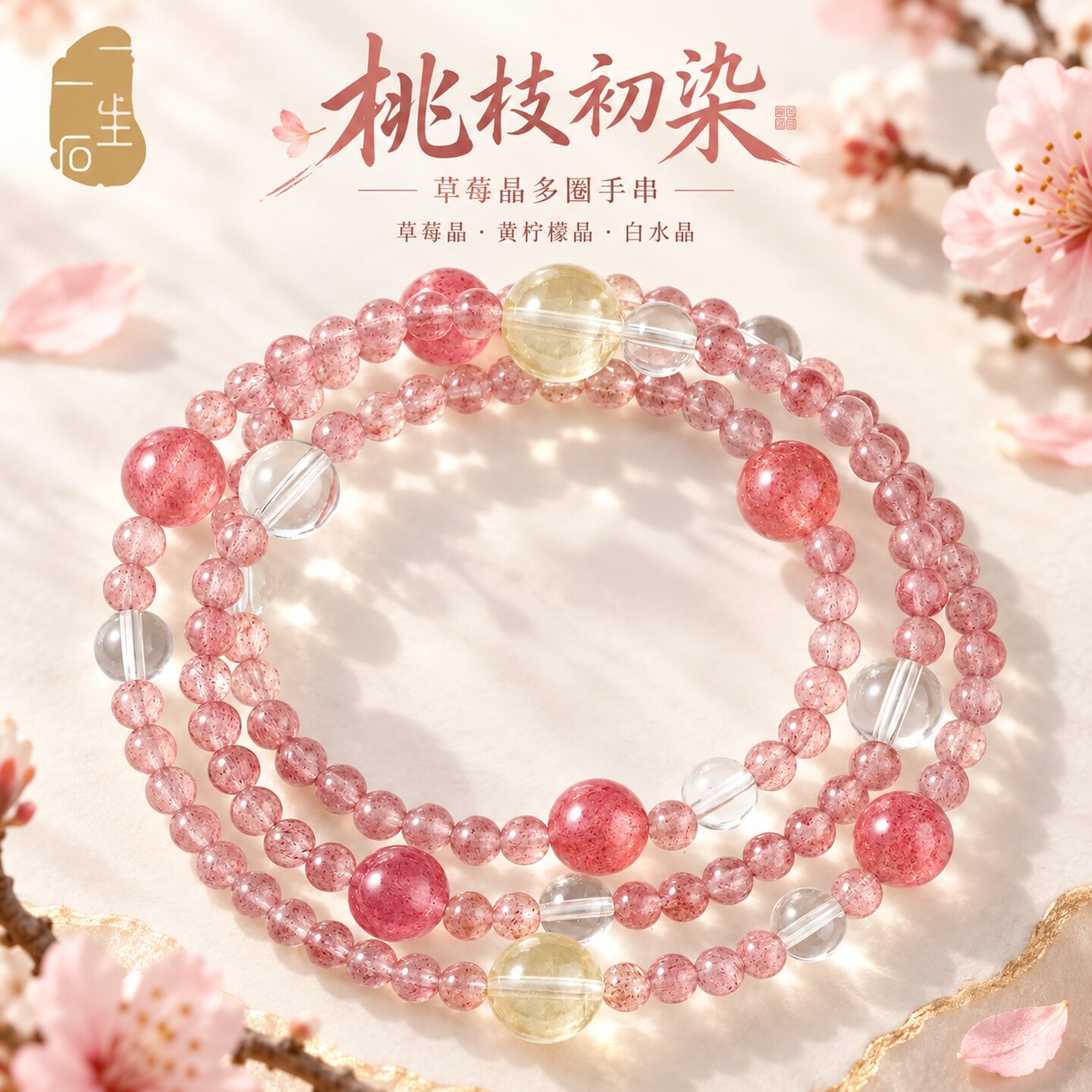 天然草莓晶三圈手串女款百搭